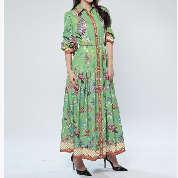 Chic Green Patterned Maxi Dress - Picture 2 of 10
